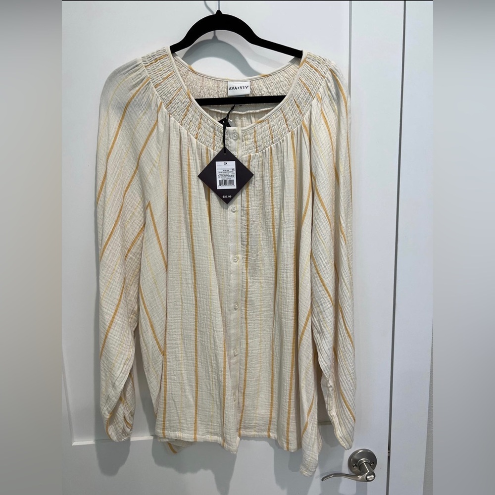 Mustard Striped Textured Button Front Peasant Top Tunic boho hippie 2x 3x flowy